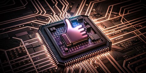 Aufkleber - Futuristic Holographic Thumb Up Symbol Emerging from Microprocessor on Circuit Board