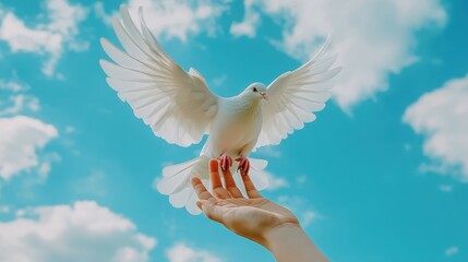 A white dove flying gracefully through the sky to land on a person hand, capturing peace and serenity in a moment of connection.