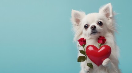 adorable white dog holding a rose, framed in a red heart, perfect for capturing a sweet and romantic