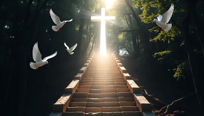 Stairway to heaven, the light part has a cross, radiating light, white doves flying towards the light, spiritual background, sunlight and ancient stone steps in a dark forest.