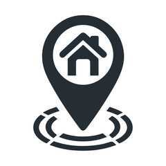 Black silhouette home with location vector icon design