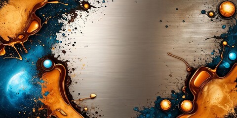 Sticker - Abstract metallic background with orange and blue paint splashes.