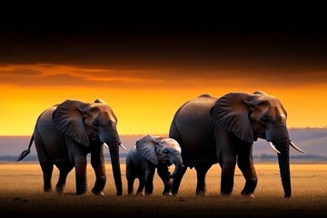 Wall Mural - A family of elephants walking across the African savanna at sunset, with the golden light casting long shadows and illuminating the vast landscape as they move in harmony