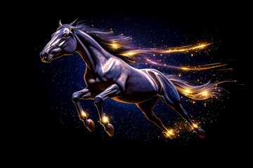 Wall Mural - A herd of ethereal horses running across a starry sky, their manes and tails glowing with cosmic light as they gallop through the night, leaving trails of stardust behind them