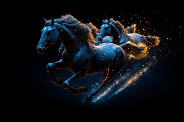 Wall Mural - A herd of ethereal horses running across a starry sky, their manes and tails glowing with cosmic light as they gallop through the night, leaving trails of stardust behind them