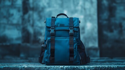 Blue Backpack on a Stone Surface. Illustration 3D photography