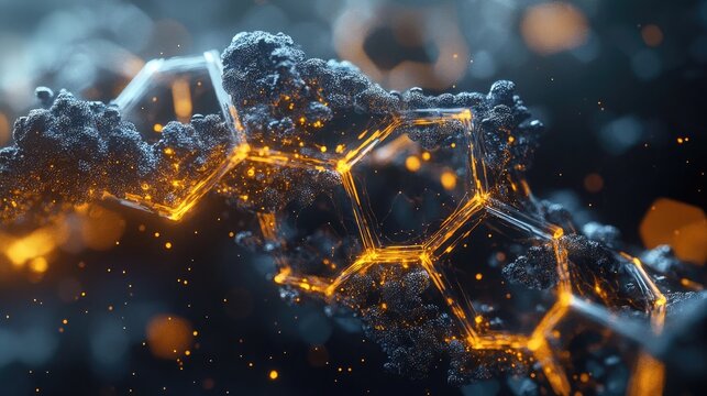 A unique digital artwork of hexagonal designs combined with flowing genetic sequences and molecular diagrams, highlighting the intersection of technology and biology.
