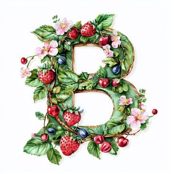 Isolated on white background, letter B decorated with springtime fruits like strawberries and cherries, intertwined with vines and floral