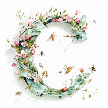 Isolated on white background, letter C wrapped in light spring scarves and tiny blossoms, with birds and bees fluttering around the edges.