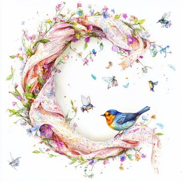 Isolated on white background, letter C wrapped in light spring scarves and tiny blossoms, with birds and bees fluttering around the edges.