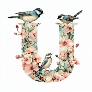Isolated on white background, letter U featuring delicate spring blooms and birds perched on the top of the letter