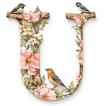Isolated on white background, letter U featuring delicate spring blooms and birds perched on the top of the letter
