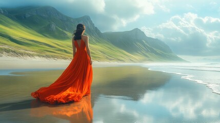 A woman in a red dress strolls peacefully on a reflective beach, with majestic green mountains under a cloud-speckled sky.