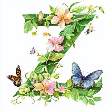 Isolated on white background, letter Z adorned with fresh spring leaves and vibrant flowers, with a few butterflies