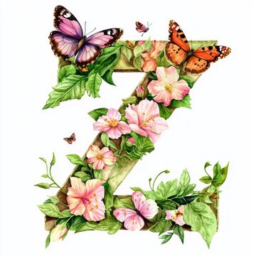 Isolated on white background, letter Z adorned with fresh spring leaves and vibrant flowers, with a few butterflies