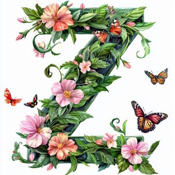 Isolated on white background, letter Z adorned with fresh spring leaves and vibrant flowers, with a few butterflies