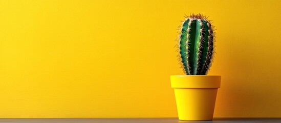 A single green cactus in a yellow pot stands against a bright yellow wall.