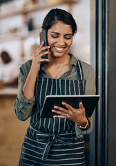 Aufkleber - Cafe woman, waitress or phone call for tablet order, ecommerce or online shopping information. Smile, restaurant or barista on digital technology talking to customer for small business bakery sales