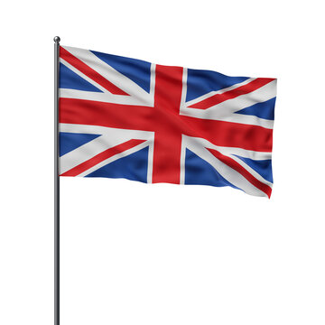 Union Jack flag flying from a flagpole, set against a dark white background, showing a patriotic and celebratory theme. 3D Rendering