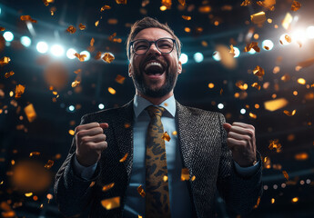 A man exclaims his triumph, arms extended high, as confetti rains down beneath bright stadium lights, capturing an exhilarating moment of victory and joy.