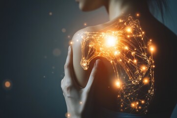 Poster -  A person touching their shoulder in pain with a glowing representation of inflamed joints, illustrating medical concepts of arthritis or tendonitis 