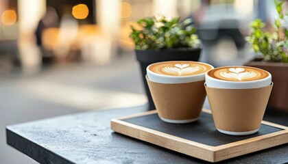 Two latte cups with heart latte art on a wooden table in a cozy cafe.