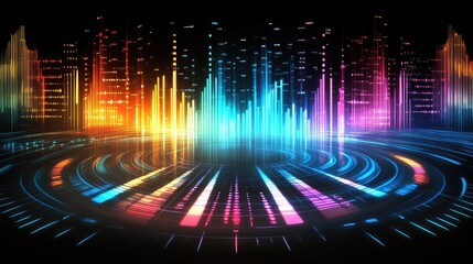 Poster - A circular sound wave equalizer with vibrant frequency waves flowing across, abstract representation of music frequencies.