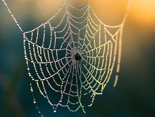 A spider web with dew drops in the morning sun.