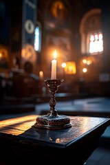 Canvas Print - A single candle burning on a wooden table in a dimly lit church.