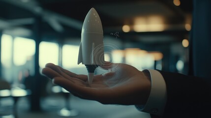 Poster - A start-up business visual, where a businessman launches a white rocket from his hand, representing expansion and success.