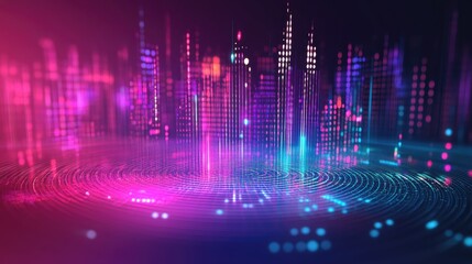 Poster - abstract circular equalizer with colorful sound waves spreading across the frequency spectrum, vibra