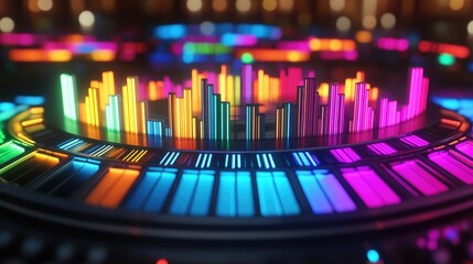 Poster - abstract circular equalizer with colorful sound waves spreading across the frequency spectrum, vibra