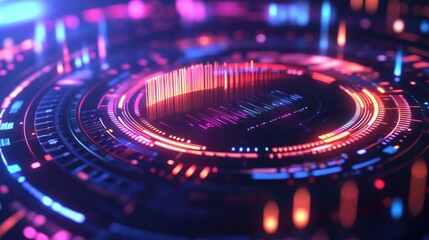 Poster - Abstract circular sound equalizer, visualizing sound waves and frequencies in bright, neon colors.