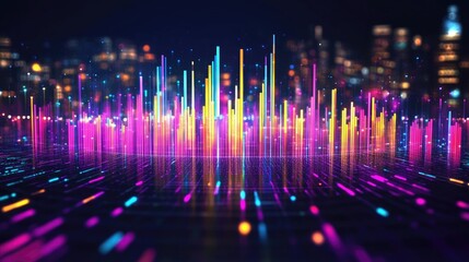 Poster - Abstract circular sound equalizer, visualizing sound waves and frequencies in bright, neon colors.