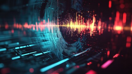 Poster - Abstract circular sound equalizer with frequency spectrum waves, modern digital visualization of music and sound.