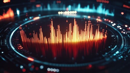Poster - Abstract digital equalizer in circular form with bright sound waves representing the audio spectrum, futuristic design.