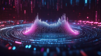 Poster - Abstract circular sound equalizer with pulsing waves flowing across the frequency spectrum, dynamic digital art.