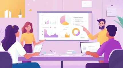 Poster - Business analyst presenting key data insights to a diverse team, with data visualizations on a projector screen.