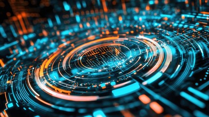 Poster - Circular digital equalizer with sound waves flowing through vibrant frequencies, abstract representation of music visualization.