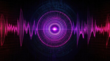 Poster - Circular equalizer emitting sound waves along the frequency spectrum, abstract digital art in neon colors.