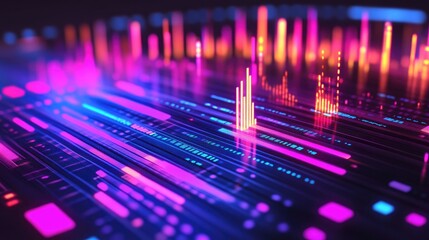 Poster - Circular equalizer glowing with sound waves, traveling through the frequency spectrum, abstract digital sound design.