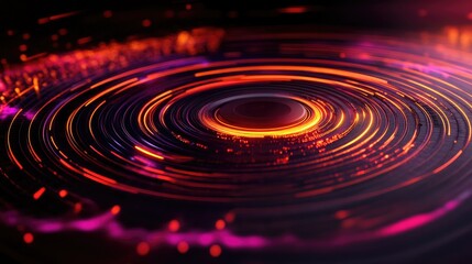 Poster - Circular equalizer glowing with sound waves, traveling through the frequency spectrum, abstract digital sound design.