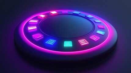 Poster - Futuristic tech display with glowing 3D text boxes arranged in a circular interface, representing future innovation and design.