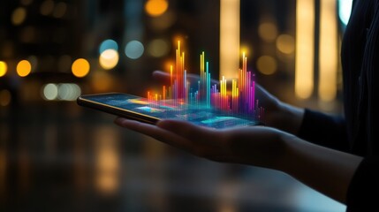 Poster - Hands holding a smartphone displaying business data analytics, with graphs tracking market growth.