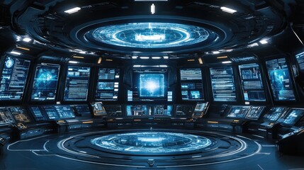 Poster - Futuristic tech display with glowing 3D text boxes arranged in a circular interface, representing future innovation and design.