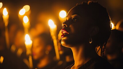 Canvas Print - A young woman sings with a choir, bathed in the warm glow of candlelight.