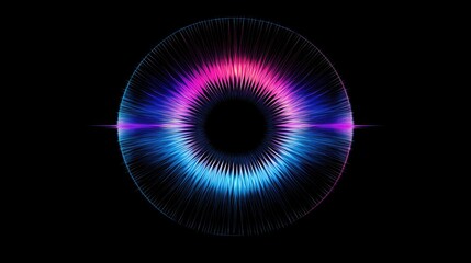 Poster - Pulsating circular equalizer with sound waves spreading across the frequency spectrum, abstract music visualization.