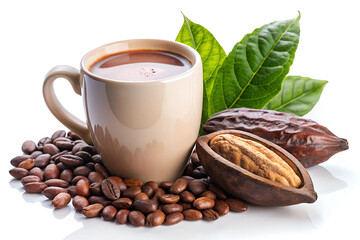 Hot cocoa cup with cocoa bean, pod and leaves isolated on white background.