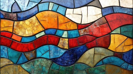 Poster - Geometric cubism-inspired wavy surface with colorful square tiles, creating a dynamic, rippling abstract design.