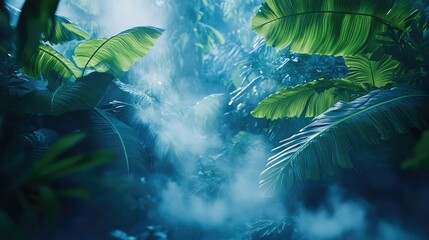 A lush, vibrant rainforest with large green leaves and mist rising from the forest floor, creating an enchanting and mysterious atmosphere.